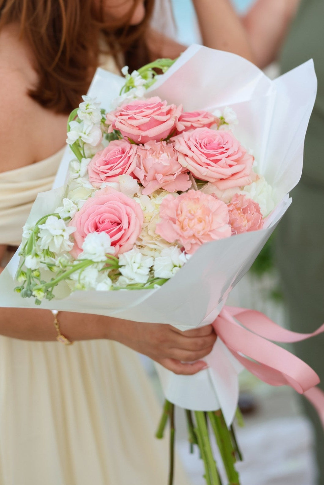 Cloud Nine - Pink Roses, Pink Carnations, White Hydrangeas & Stock Bouquet