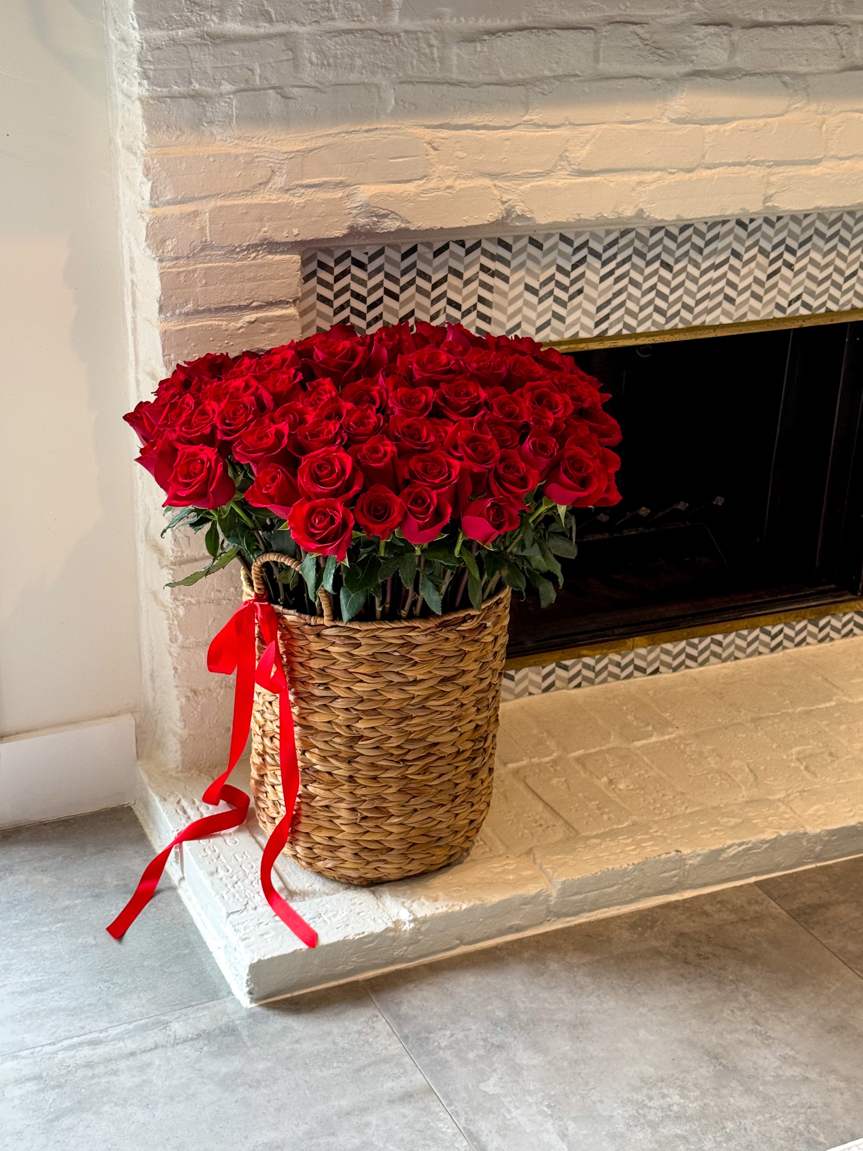 I'm Yours - Red Roses in a Woven Basket