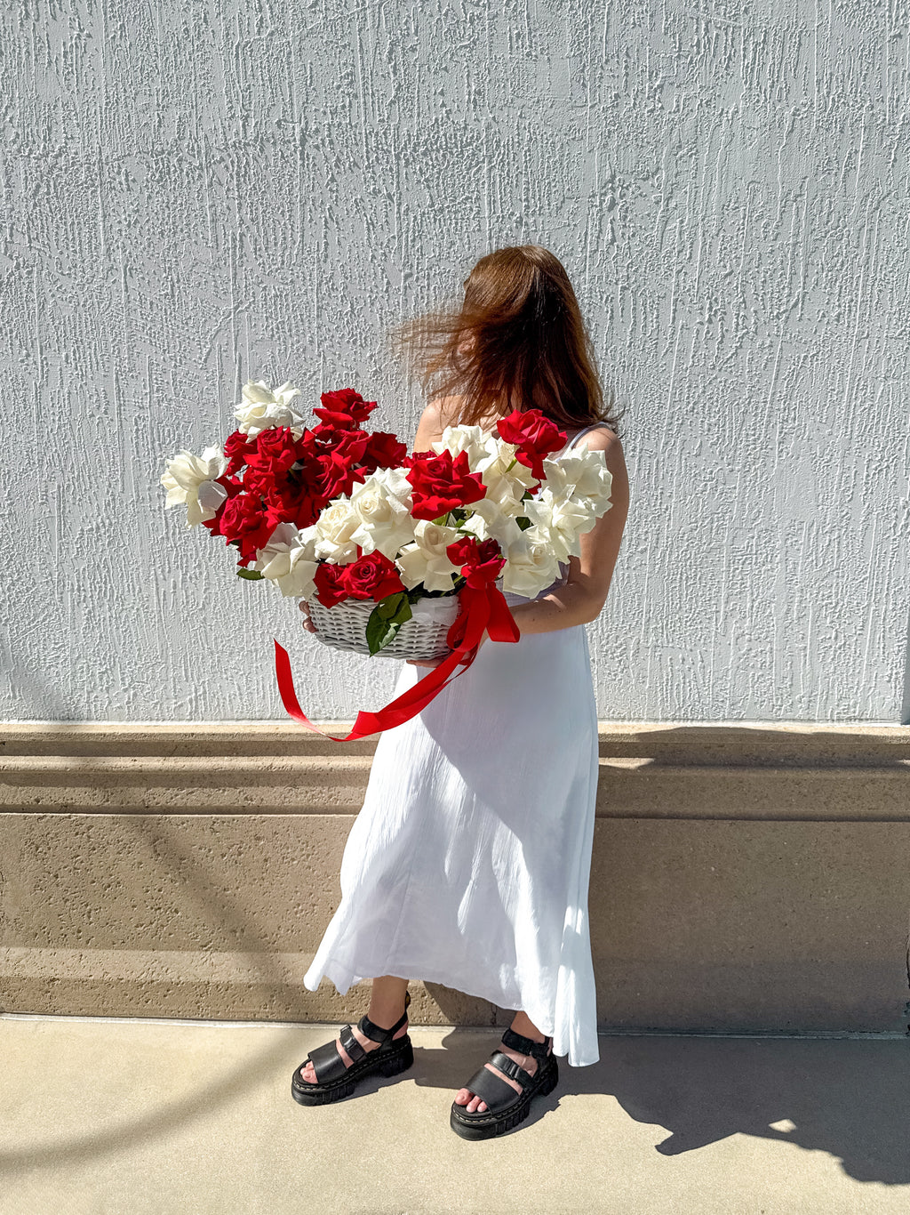 That Feeling - 50 Red & White French Roses in a Basket - detail view 3 | Forever Lovies