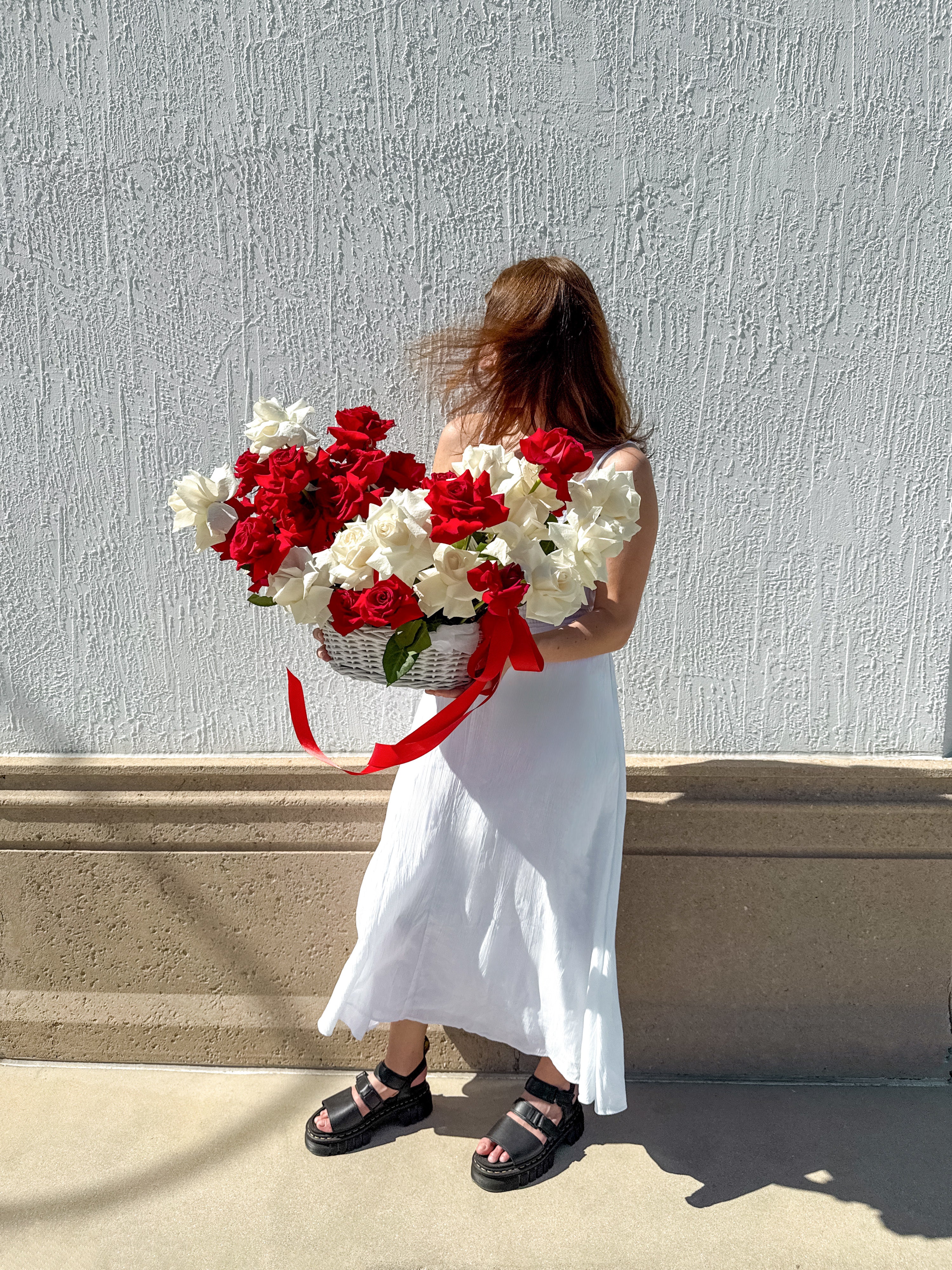 That Feeling - 50 Red & White French Roses in a Basket