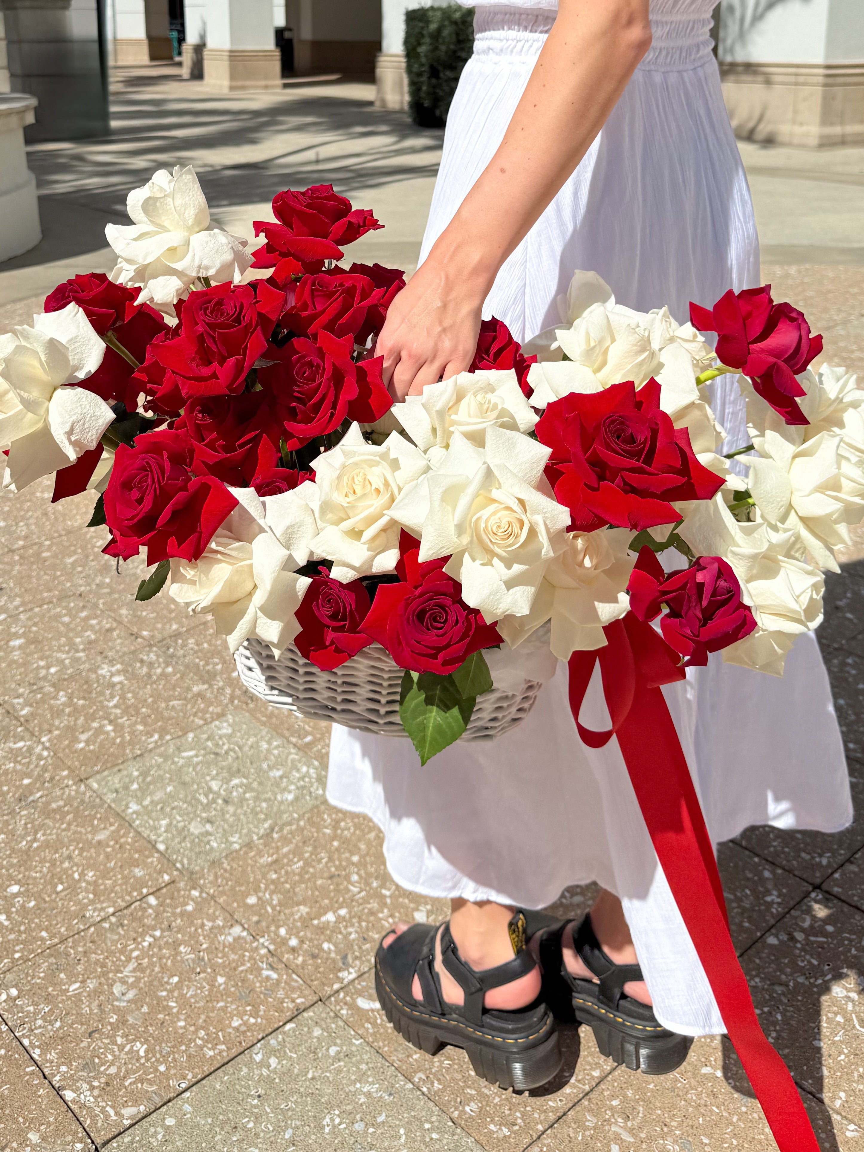 That Feeling - 50 Red & White French Roses in a Basket