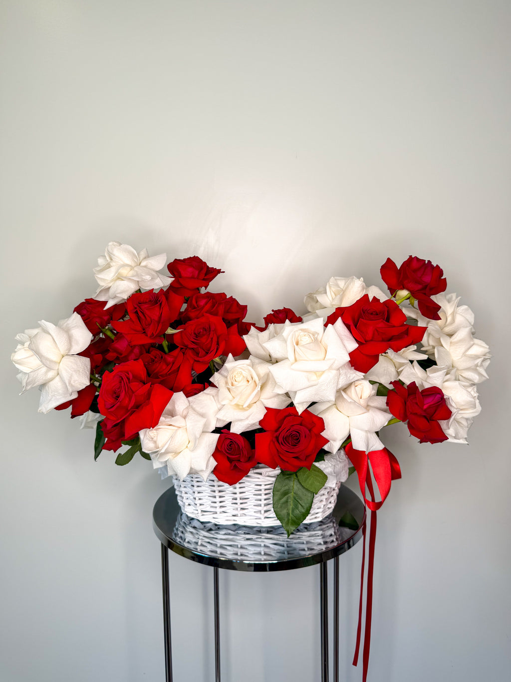 That Feeling - 50 Red & White French Roses in a Basket - detail view 2 | Forever Lovies