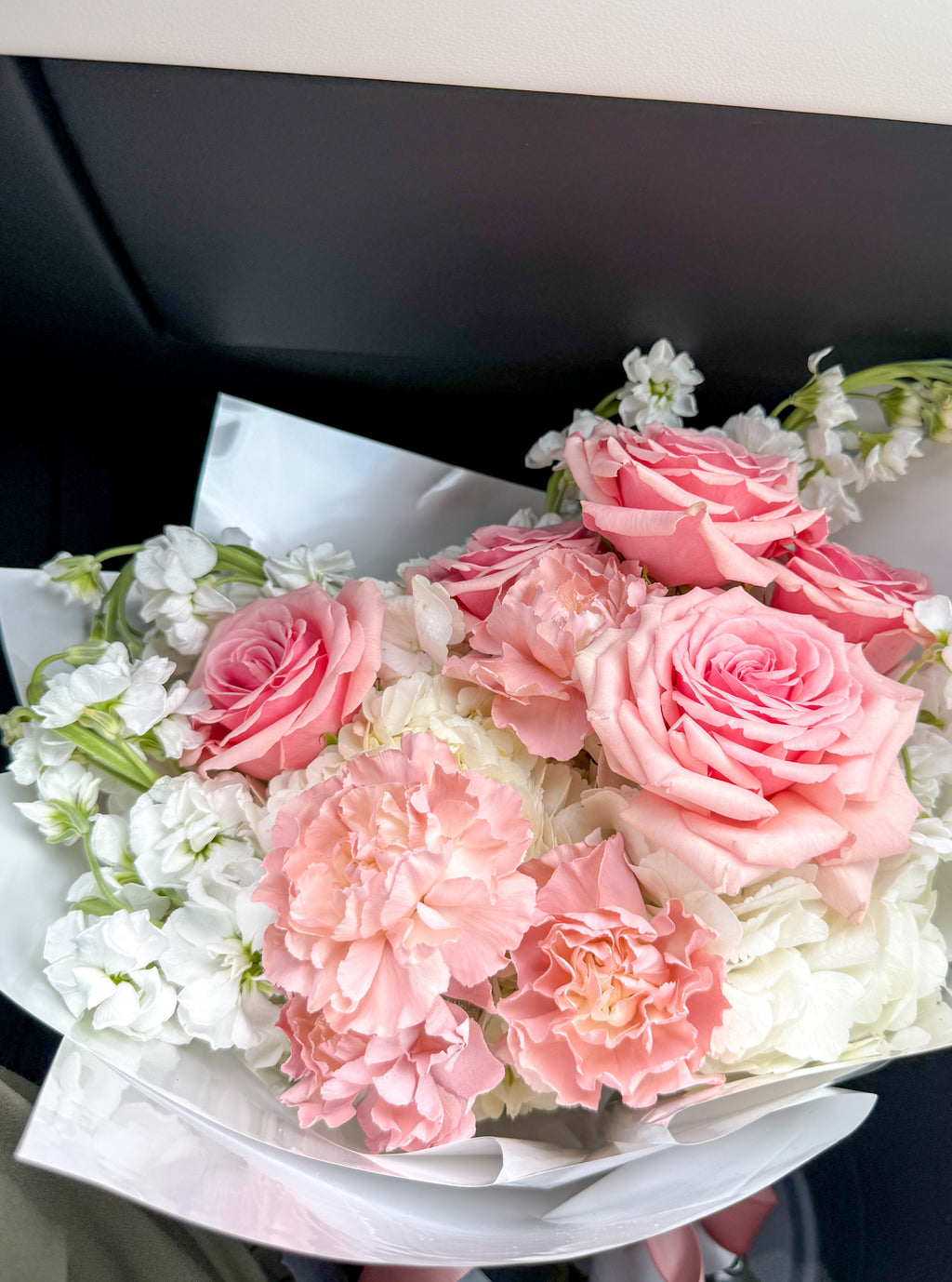 Cloud Nine - Pink Roses, Pink Carnations, White Hydrangeas & Stock Bouquet
