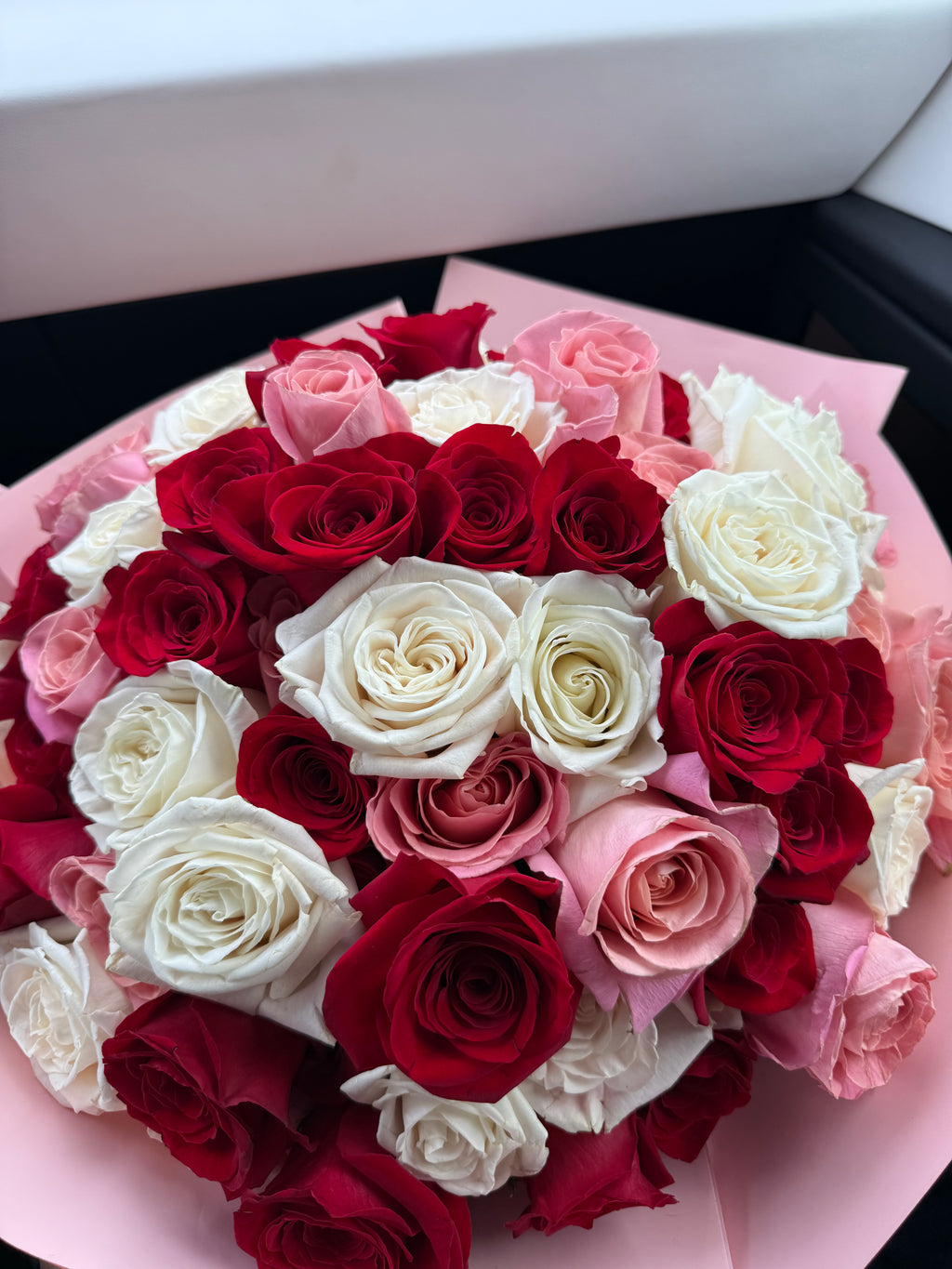Three Shades of Love - Red, Pink and White Roses Bouquet