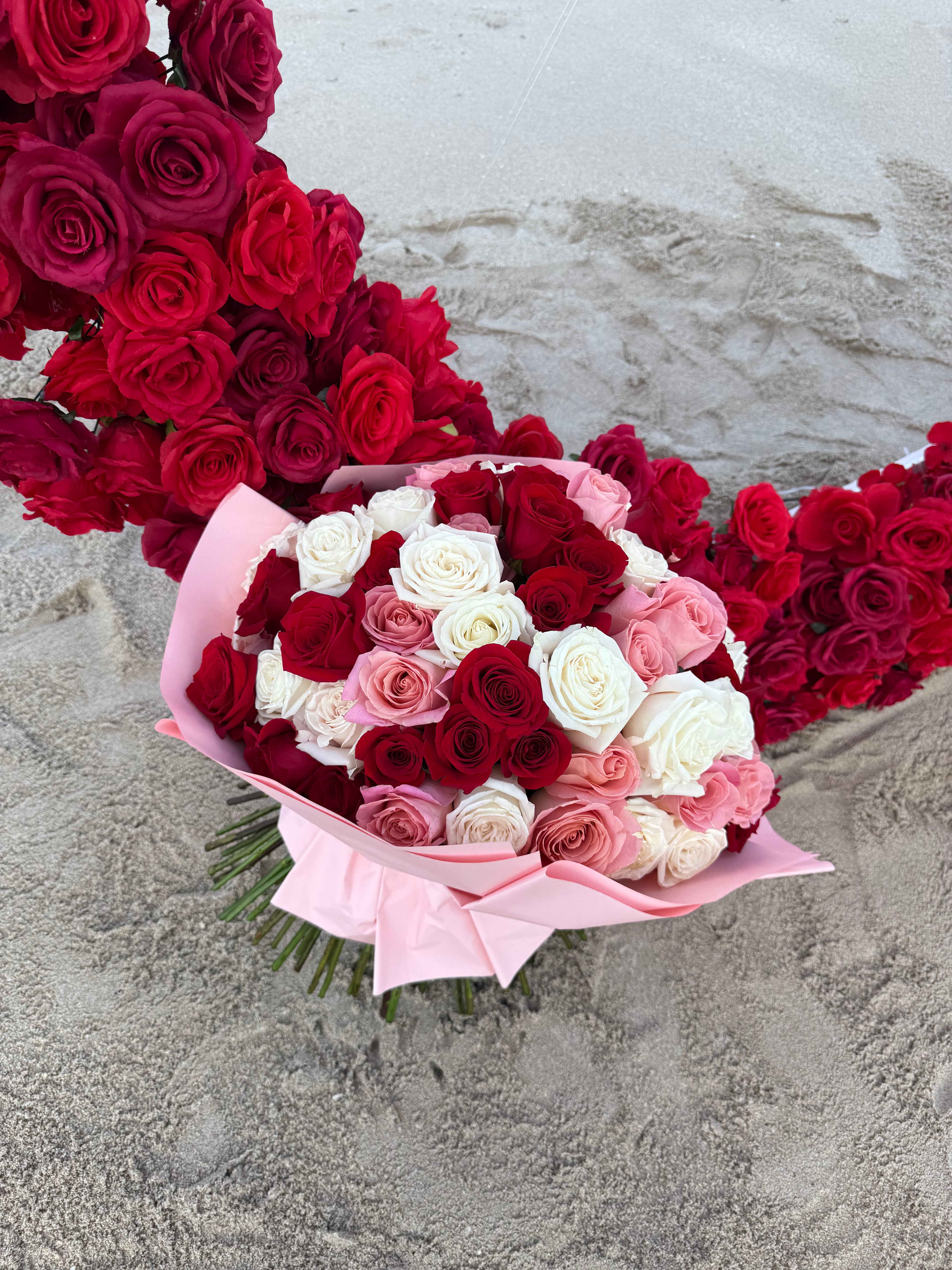 Three Shades of Love - Red, Pink and White Roses Bouquet