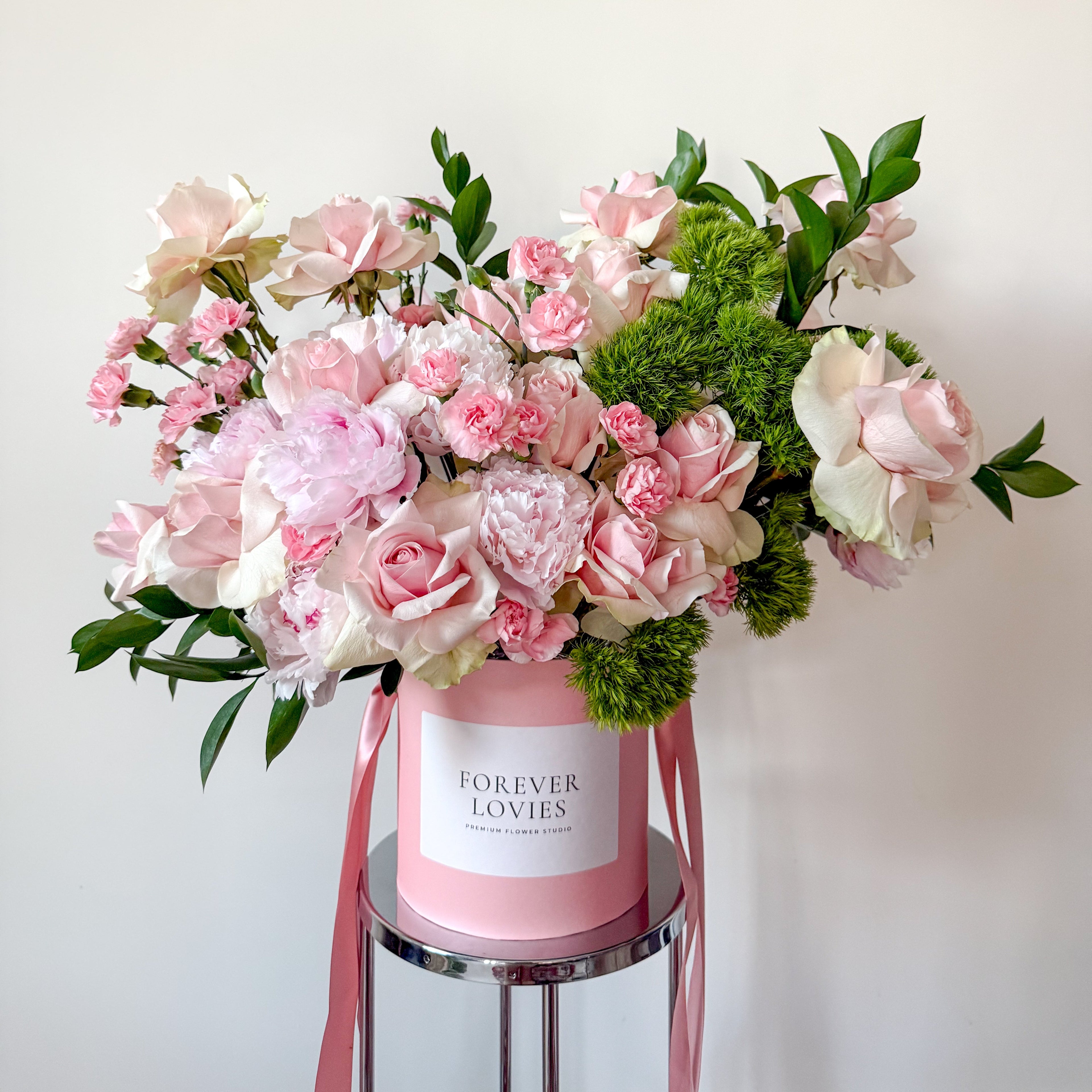 Pink Dream - Flower Box Arrangement With Pink Roses, Carnations, Peonies, and Fresh Greenery