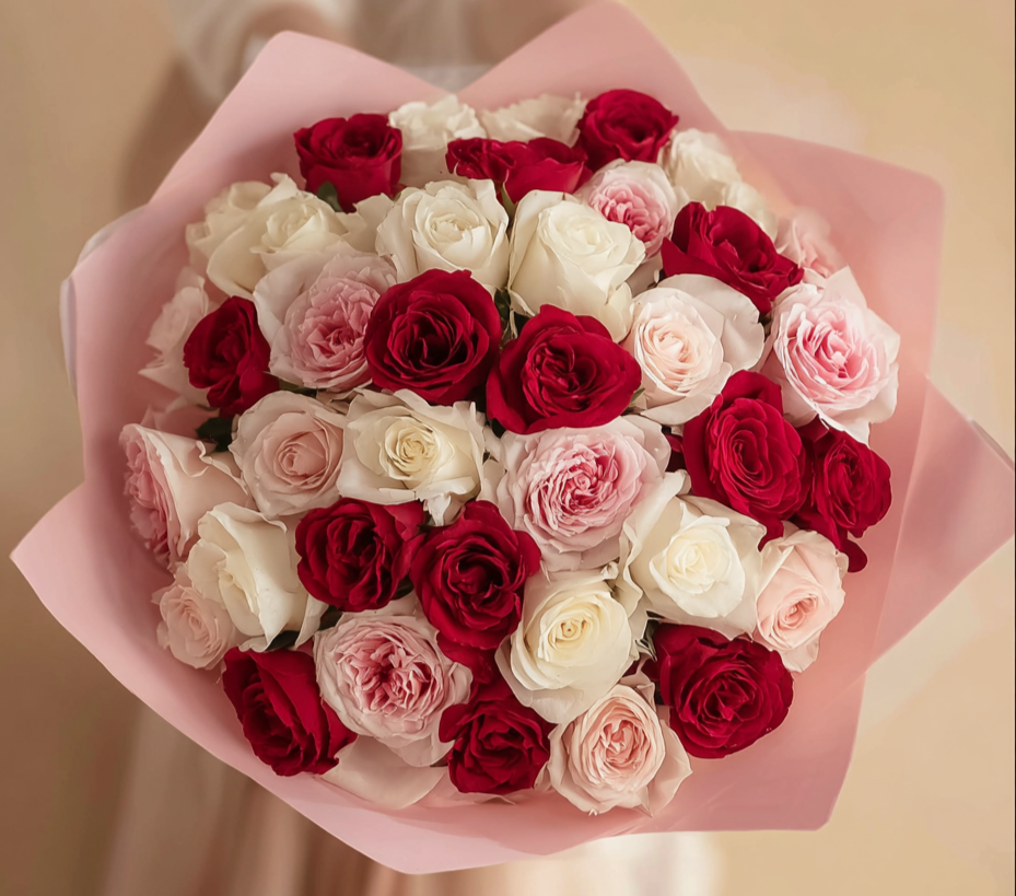 Three Shades of Love - Red, Pink and White Roses Bouquet